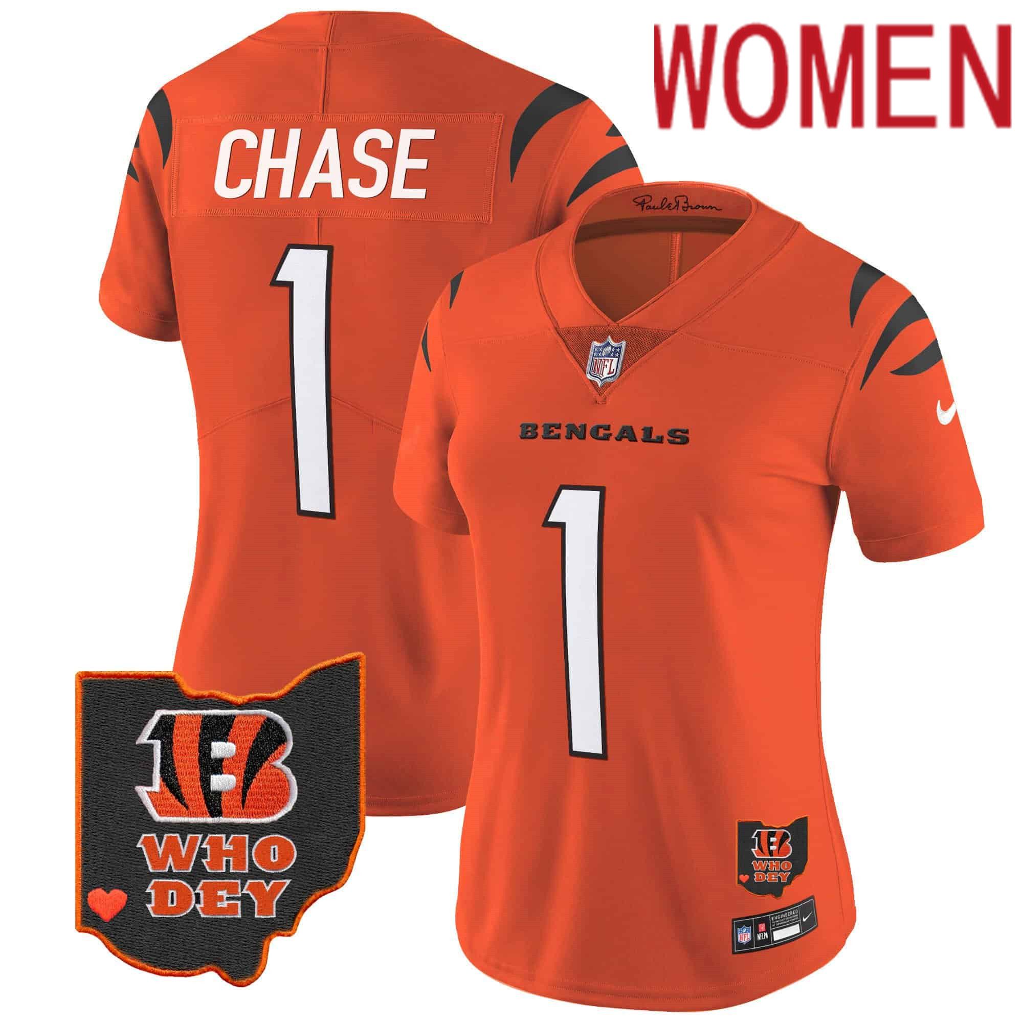 Women Cincinnati Bengals #1 Chase Orange 2024 Nike Patch Vapor Limited NFL Jersey
